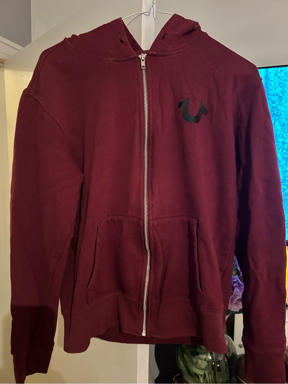 True Religion Maroon Zip-Up Hoodie with Black Logo